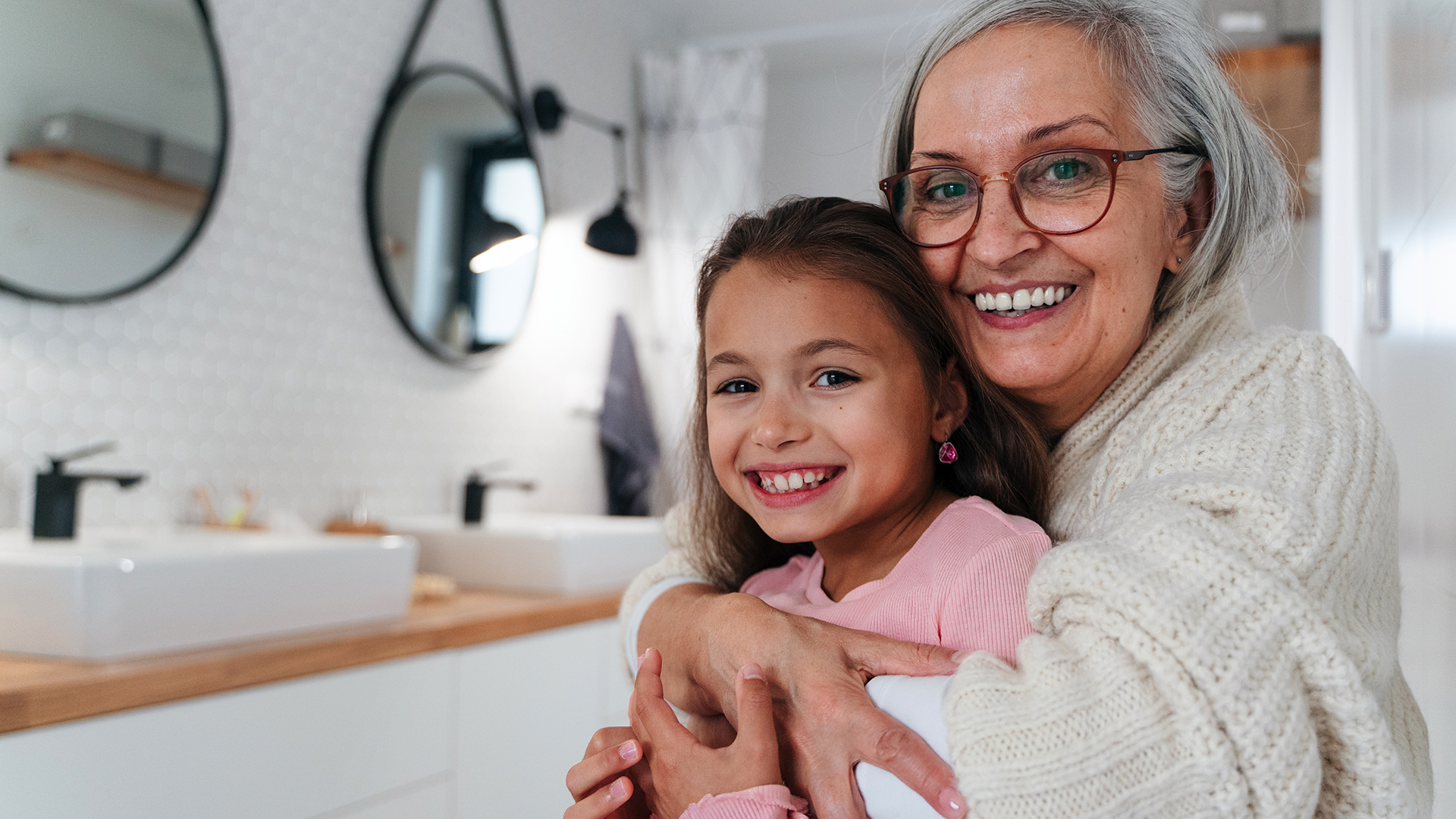 Grandma and child enjoying a clean bathroom